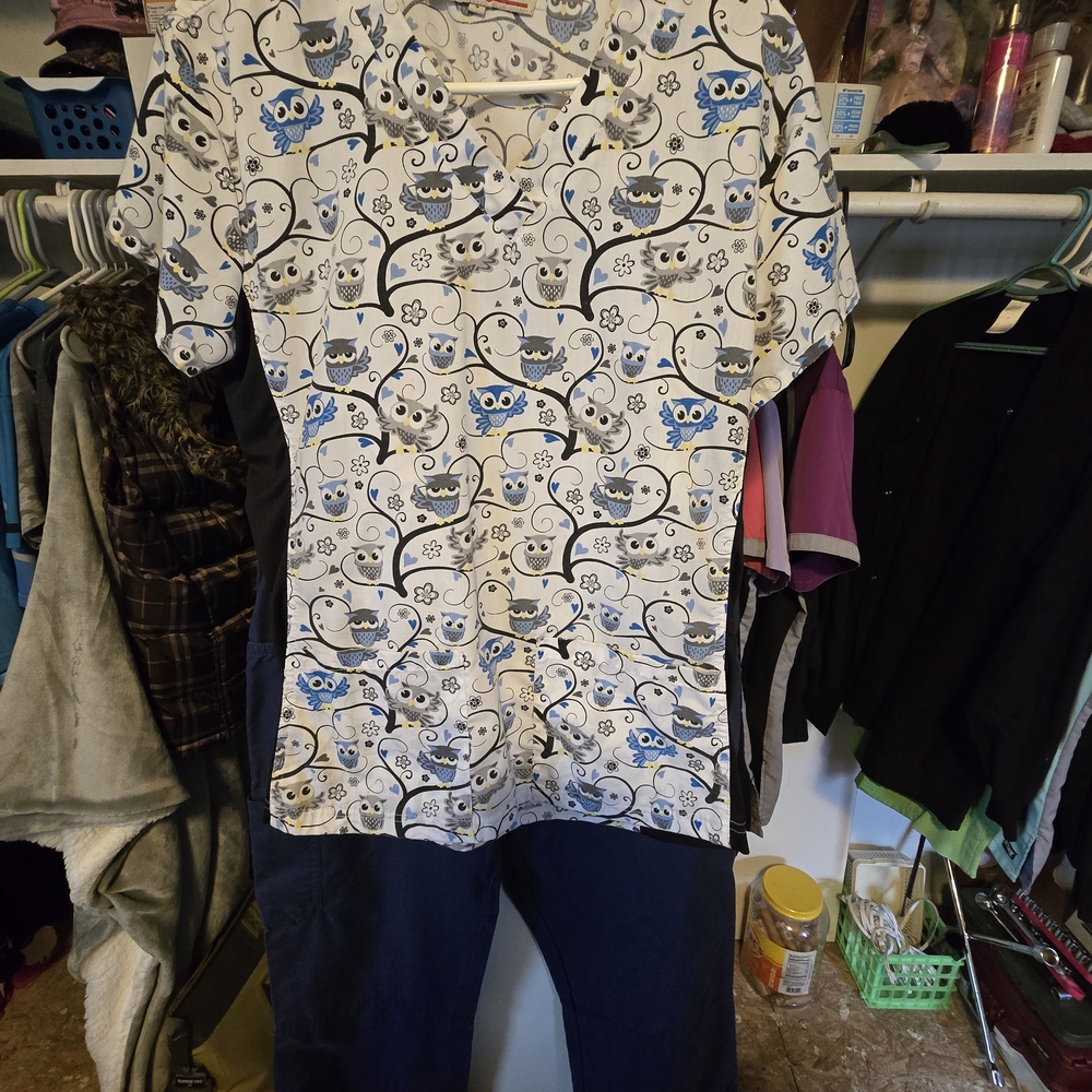 Owl Print Scrub Top and Navy Pants Set